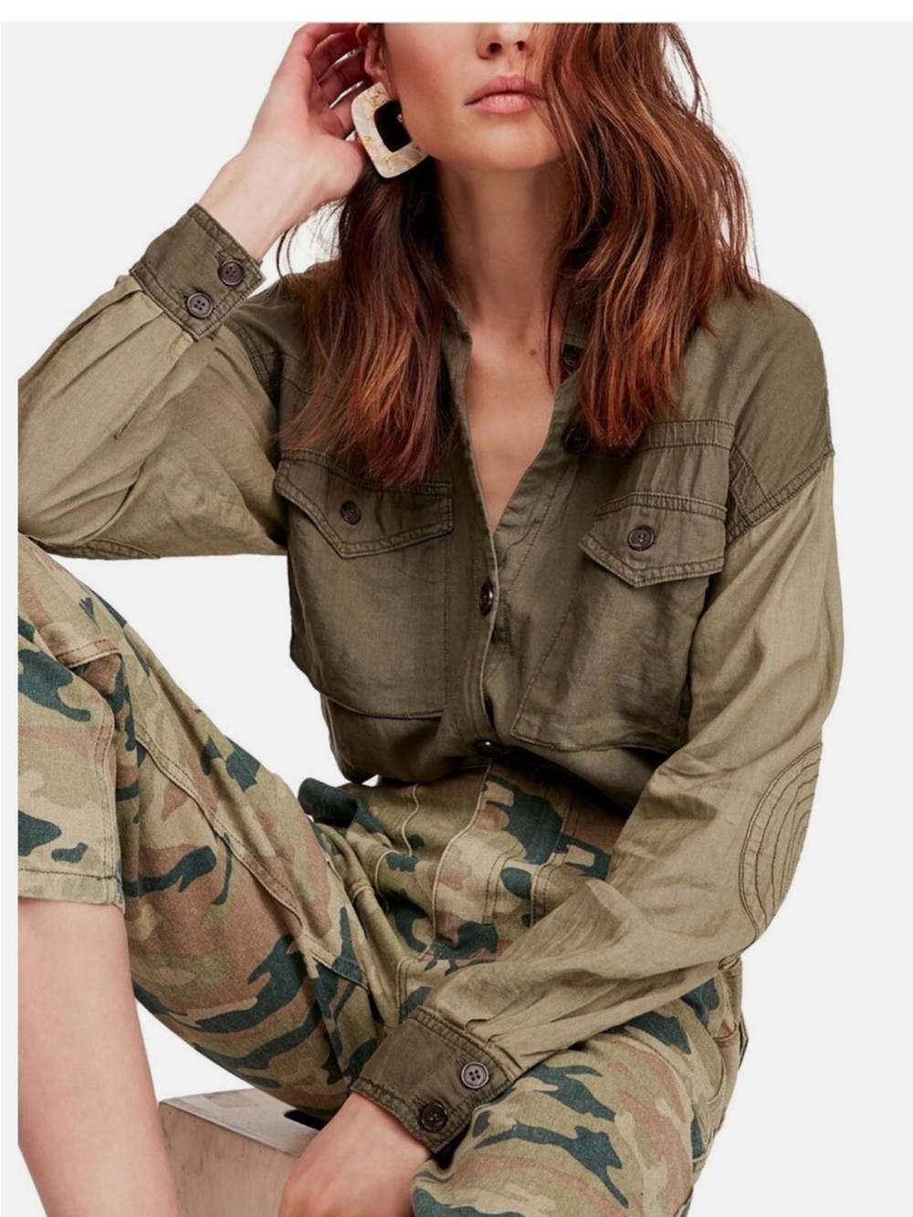 Free People Olive Green Button-Front Utility Shirt